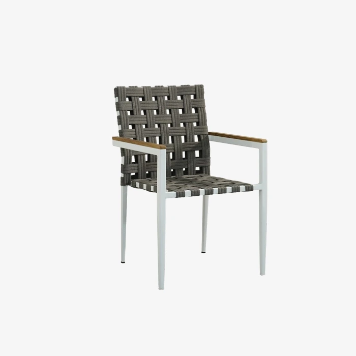 Wooden Handrail Woven Patio Outdoor Metal Dining Chair White 1