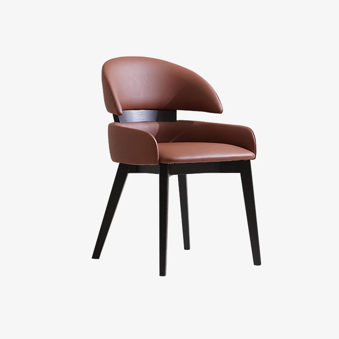 Modern brun läderklädd Wingback matstol med träben 1