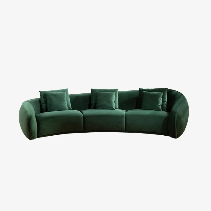 Modern Dark Green Curved Three-seater Velvet Sofa Couch with Pillows for Living Room 1