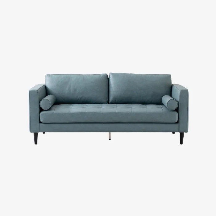 Blue Modern Leather 2 Seat Sofa with Pillows for Living Room 1