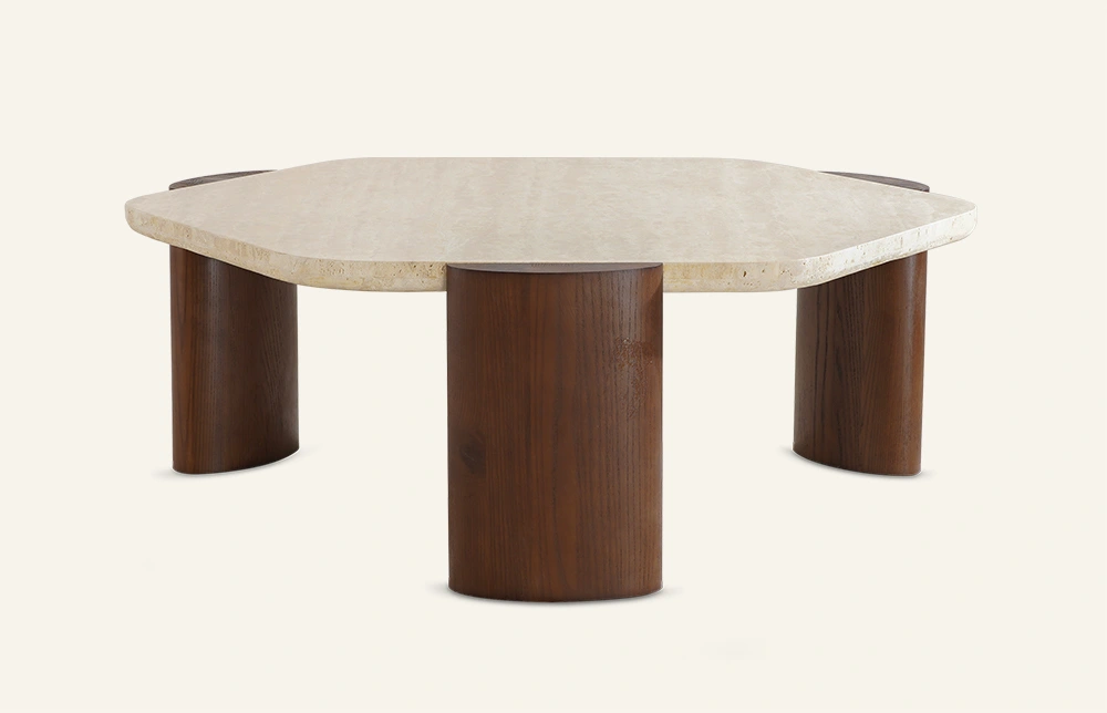 Mesa de centro hexagonal minimalista Plaka em travertino com pés de madeira TC1065 1